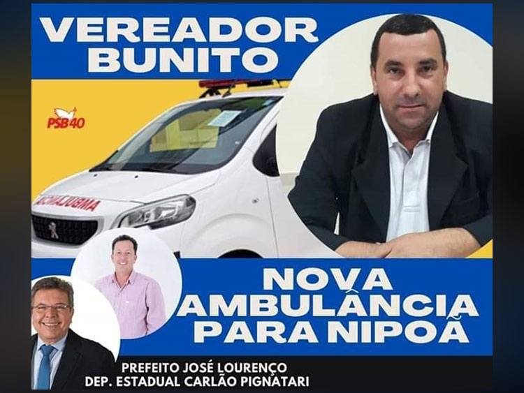 Vereador Bunito garante emenda parlamentar de R$ 125 mil para compra de uma ambulância para Nipoã